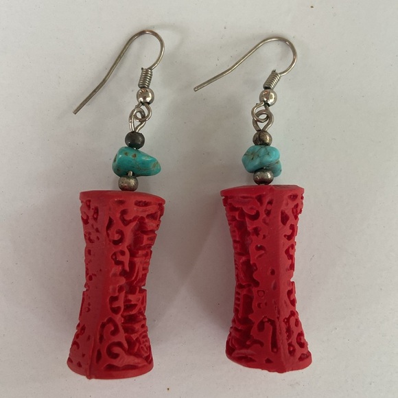 Cinnabar Vintage Red and Turquoise Earrings - Picture 2 of 9